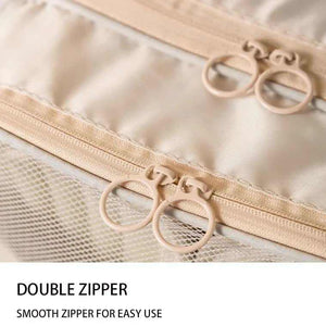 Beige Waterproof Foldable Travel shoe bag with smooth double zippers and a mesh panel for easy access.
