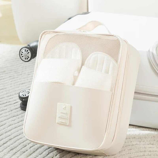 Shoe bag, Beige Waterproof Foldable Travel style, in pale beige fabric with a mesh panel and zip closure.