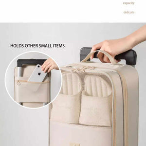 Beige Waterproof Foldable Travel shoe bag with mesh front pockets, zippered compartments and suitcase handle sleeve.