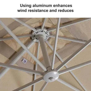 Beige White Cantilever umbrella showing beige fabric canopy and sturdy white aluminium support ribs and central frame.