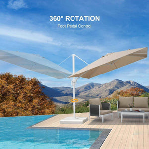 Beige White Cantilever outdoor umbrella with a beige rectangular canopy, white aluminium frame and 360-degree rotation