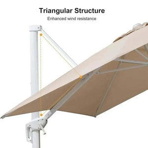Beige White Cantilever umbrella with a beige canopy, white aluminium frame and triangular support structure