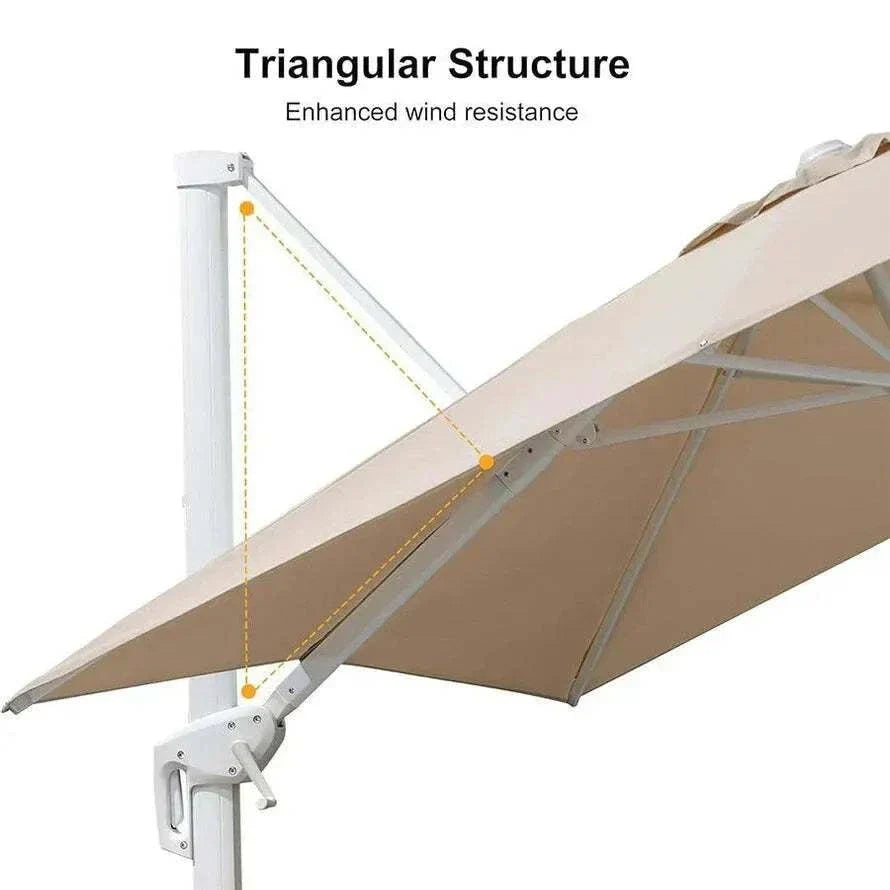 Beige White Cantilever umbrella with a beige canopy, white aluminium frame and triangular support structure