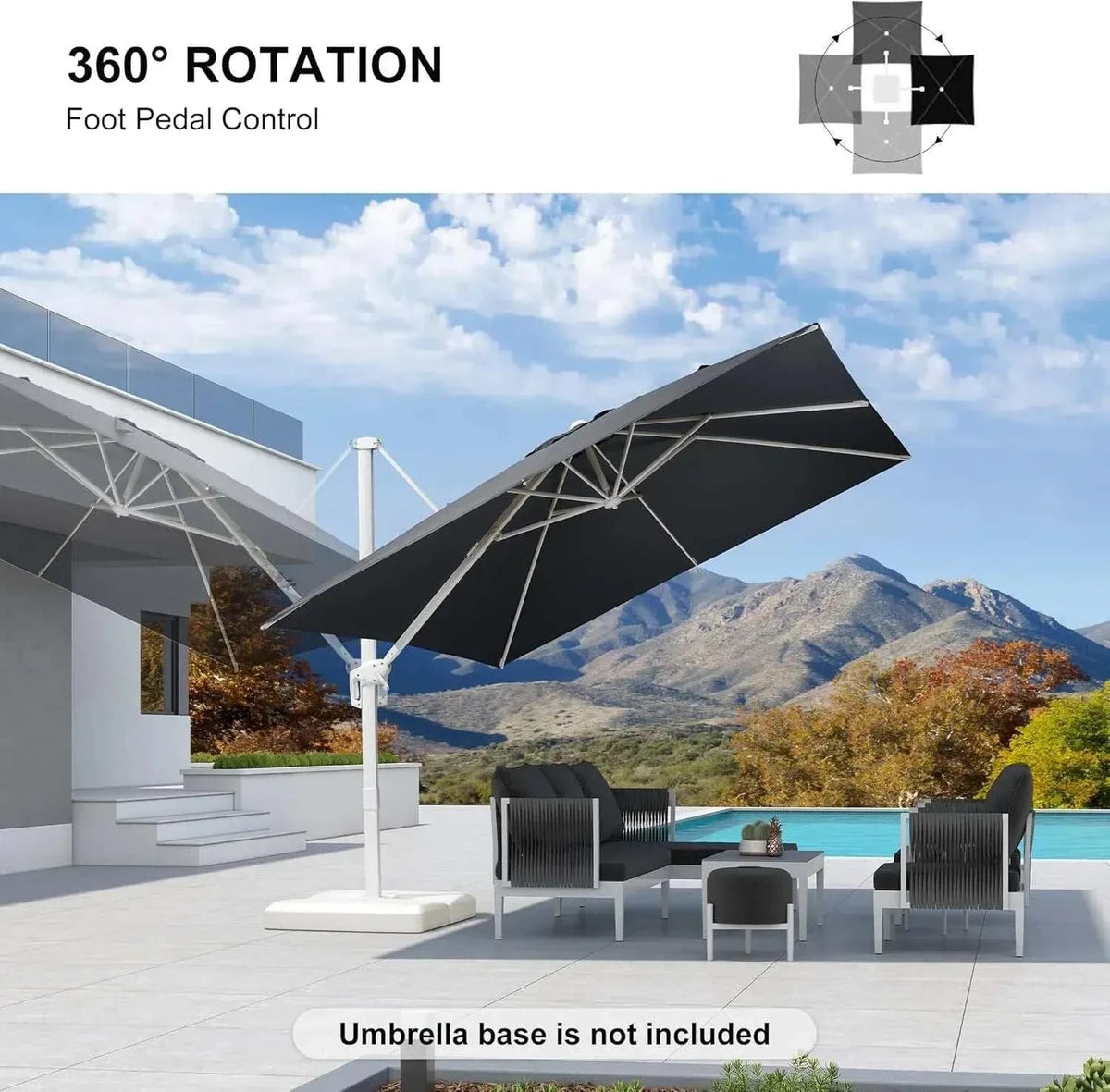 Beige White Cantilever umbrella with a dark grey canopy, white frame and foot pedal rotation control