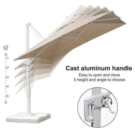 Beige White Cantilever outdoor umbrella with a cream canopy, white aluminium frame and adjustable tilt handle