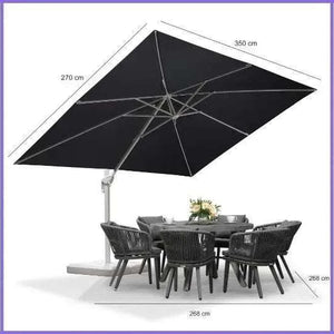 Beige White Cantilever umbrella with a tan rectangular canopy, white frame and offset pole, shown in three positions