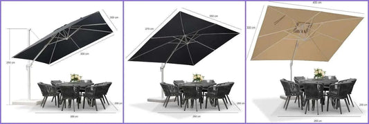 Beige White Cantilever umbrella with a tan rectangular canopy, white frame and offset pole, shown in three positions