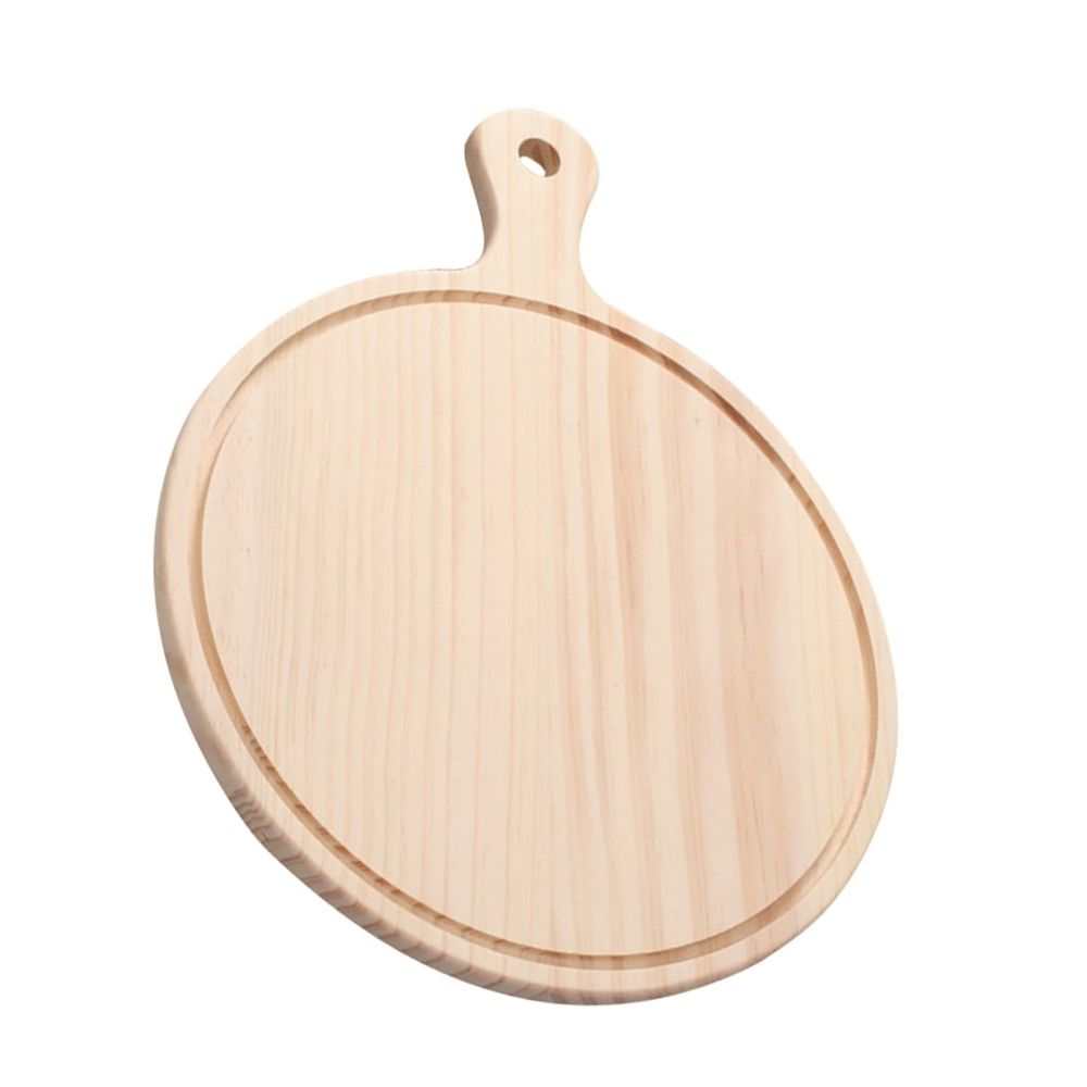 Beige Wooden Pizza Tray with a smooth, round natural wood surface, shallow grooved edge and short hanging handle