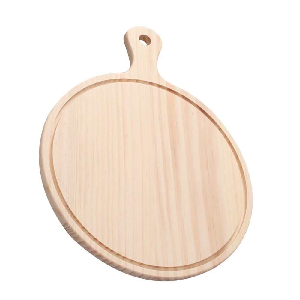 Beige Wooden Pizza Tray with a round, pale wood surface, carved serving groove and short handle with hanging hole