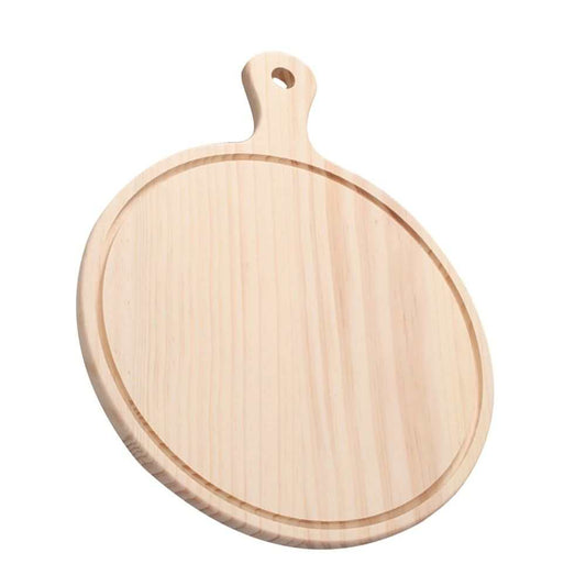 Beige Wooden Pizza Tray with a round, pale wood surface, carved serving groove and short handle with hanging hole