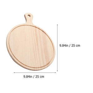 Beige Wooden Pizza Tray with a round pale wood surface, shallow routed edge, and short hanging handle with a hole