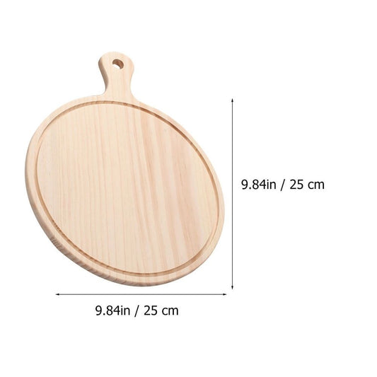 Beige Wooden Pizza Tray with a round pale wood surface, shallow routed edge, and short hanging handle with a hole
