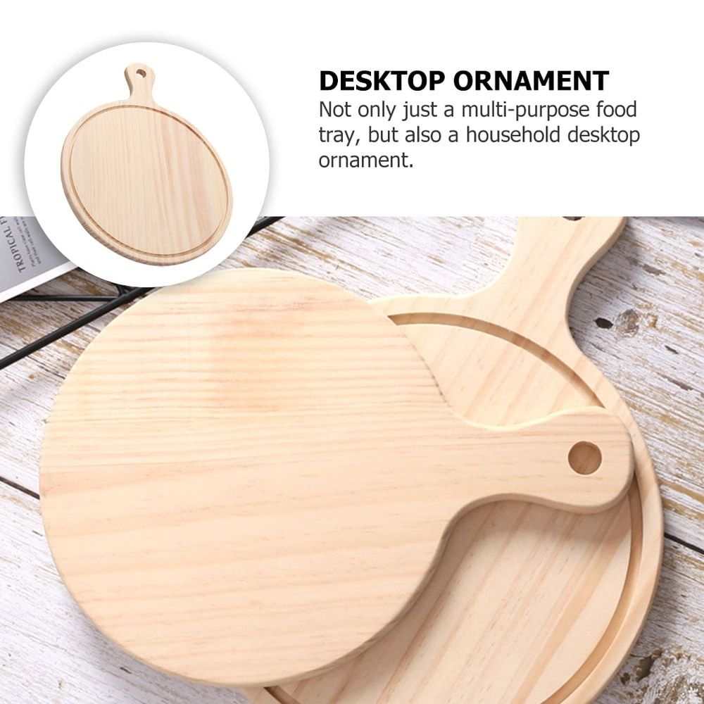Beige Wooden Pizza Tray with a smooth, pale natural wood surface, round shape and short handle with hanging hole