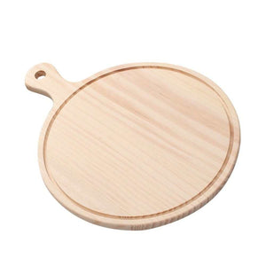 Beige Wooden Pizza Tray with a smooth, round natural wood surface, shallow grooved rim and short handle with hanging hole