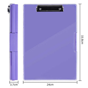 Black A4 Plastic Document Storage Clipboard appears purple, with a smooth plastic body, metal document clip and side storage compartment.