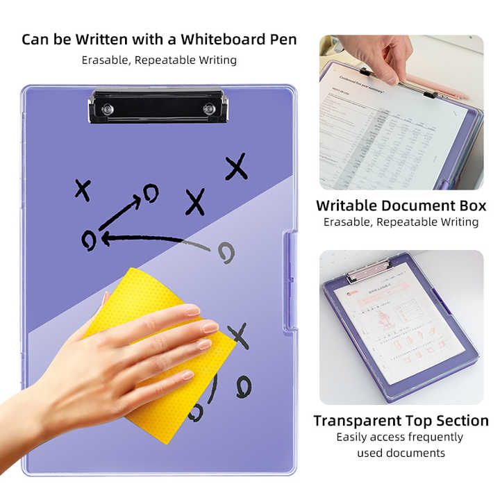 Black A4 Plastic Document Storage Clipboard with a purple transparent wipe-clean writing surface and metal document clip
