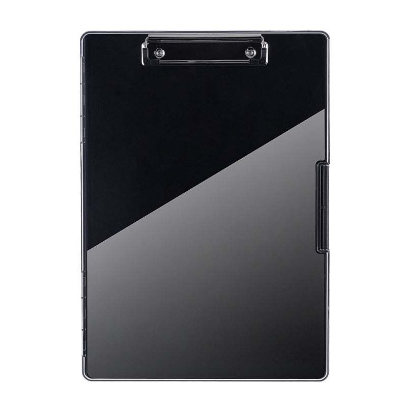 Black A4 Plastic Document Storage Clipboard with a smooth two-tone black and grey surface and sturdy metal document clip