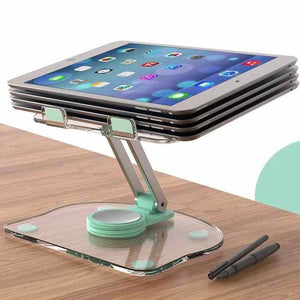 Black Acrylic Foldable Tablet stand with a clear acrylic base, green pivot joints and stacked tablet supports