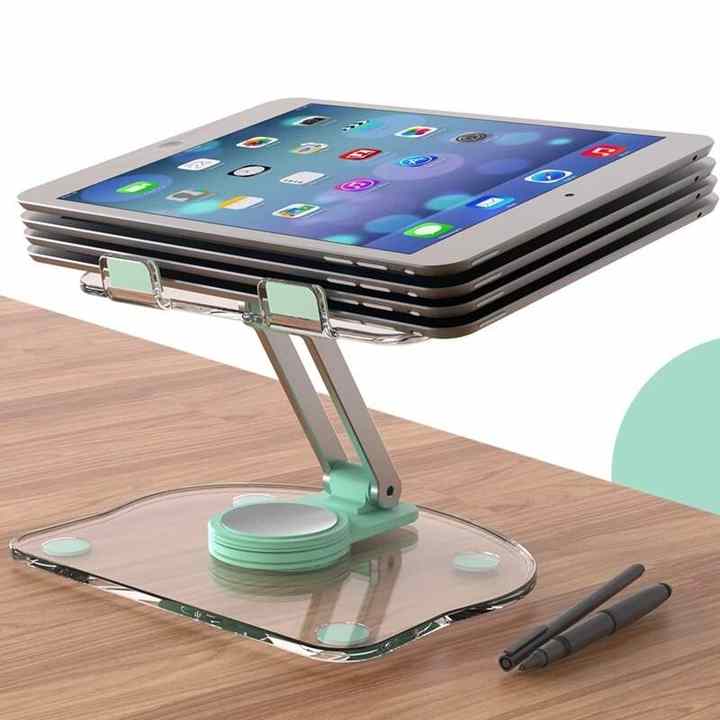 Black Acrylic Foldable Tablet stand with a clear acrylic base, green pivot joints and stacked tablet supports