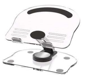 Black Acrylic Foldable Tablet stand with clear acrylic panels, black anti-slip pads and a foldable adjustable hinge