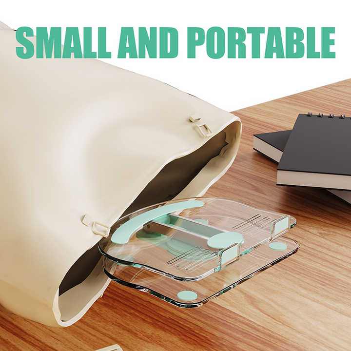 Black Acrylic Foldable Tablet stand with clear acrylic panels, pale turquoise silicone pads and a compact folding design