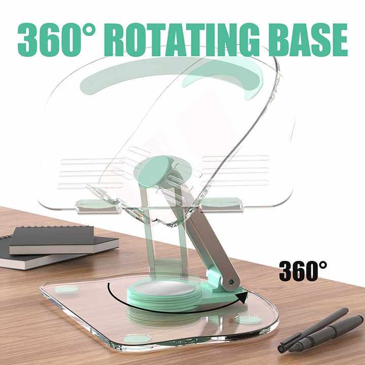 Black Acrylic Foldable Tablet stand with clear acrylic panels, mint accents, a hinged support and 360° rotating base
