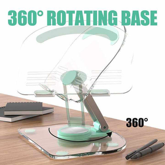 Black Acrylic Foldable Tablet stand with clear acrylic panels, mint accents, a hinged support and 360° rotating base