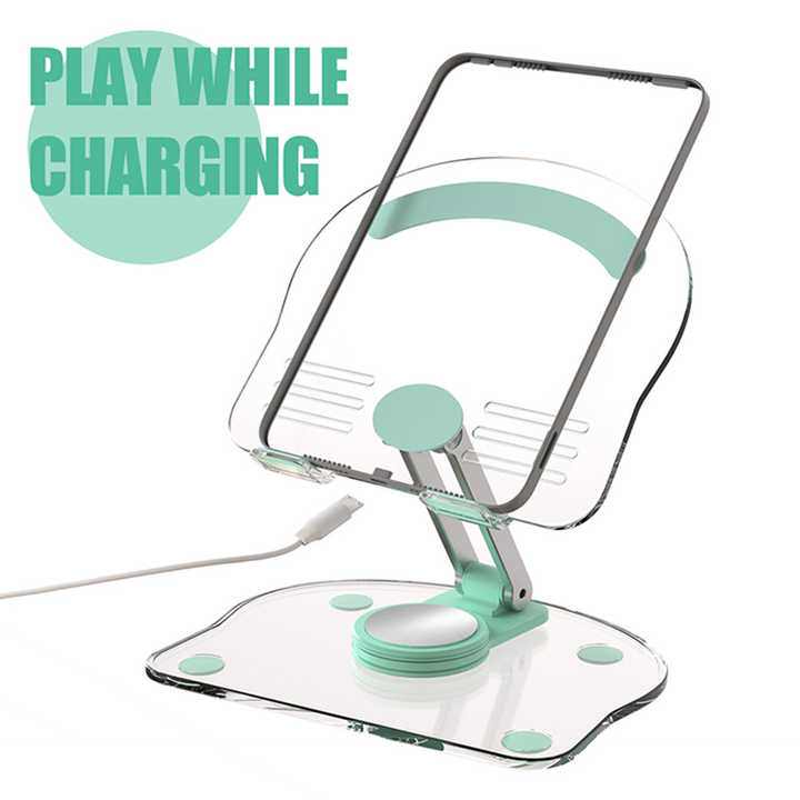 Black Acrylic Foldable Tablet stand with a clear acrylic platform, black frame and mint-green accents, shown supporting a tablet
