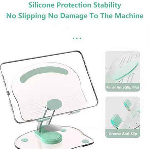 Black Acrylic Foldable Tablet stand with clear frame, rotating base and mint-green silicone anti-slip pads