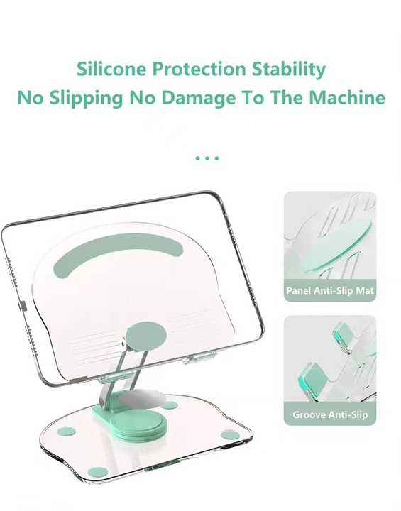 Black Acrylic Foldable Tablet stand with clear frame, rotating base and mint-green silicone anti-slip pads