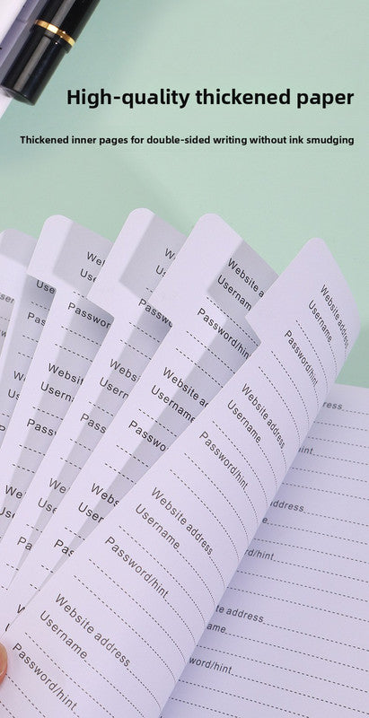 Black Address Book shown open to lined contact pages with pale alphabetical tabs and thickened paper for double-sided writing.