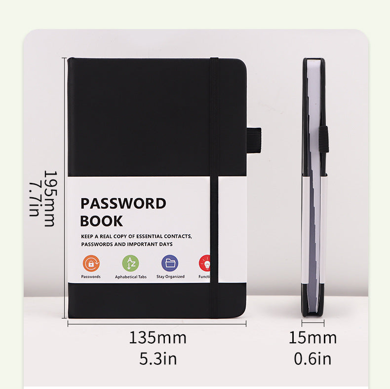 Black Address Book with a smooth black hardcover, elastic closure band, side pen loop and compact B6 shape