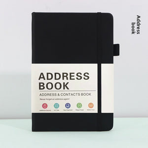 Black Address Book with a smooth black hardcover, elastic closure band, and matching pen loop on the spine