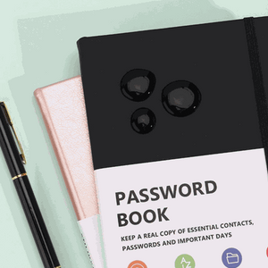 Black Address Book with smooth black PU cover, elastic closure and a white password book label with organizing icons