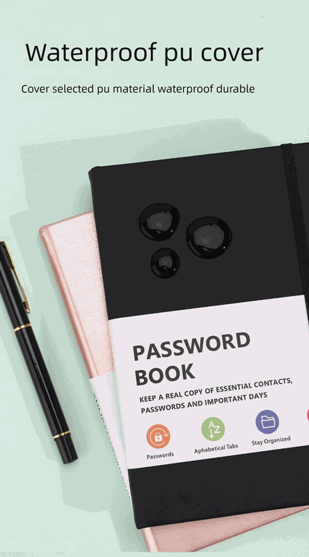 Black Address Book with smooth black PU cover, elastic closure and a white password book label with organizing icons