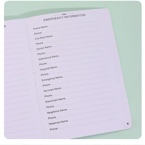 Black Address Book with a pale lined page for emergency information and contact names, numbers and notes