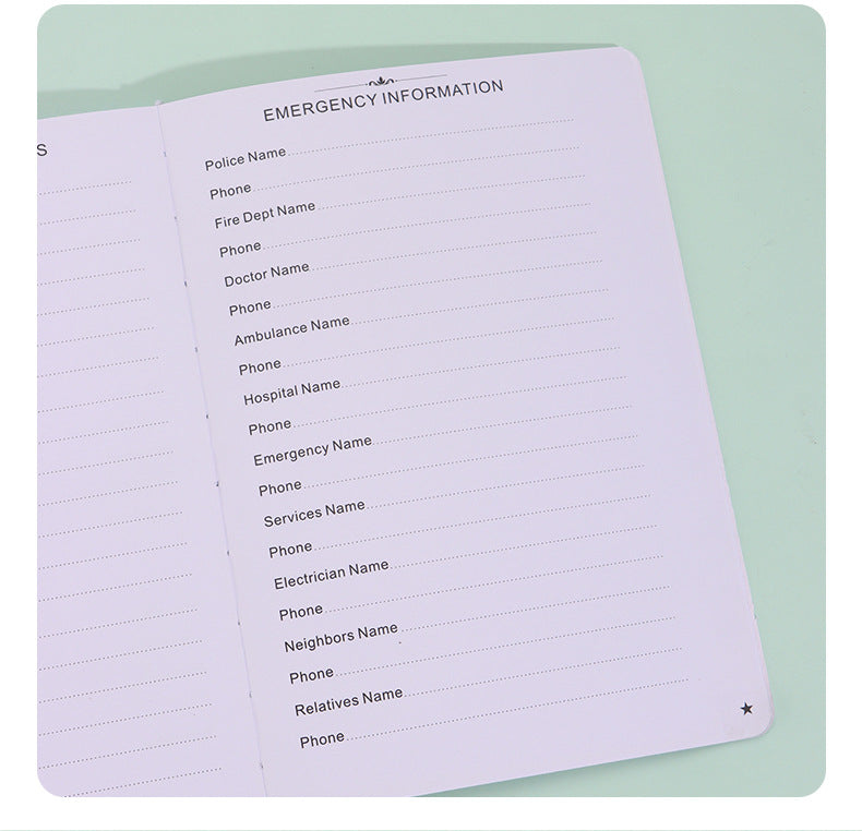 Black Address Book with a pale lined page for emergency information and contact names, numbers and notes