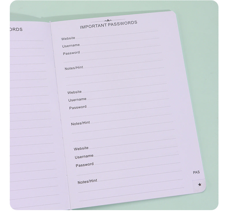 Black Address Book open to lined important password pages with website, username, password and notes fields