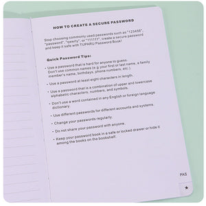 Black Address Book open to a printed password security tips page, with a pale lavender page and small star tab.