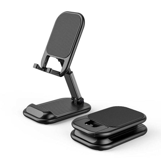 Black Adjustable Desktop Phone Stand in black plastic with ribbed grip pads, shown extended and folded for compact storage