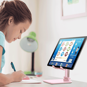 Black Adjustable Desktop Phone Stand with a pink finish, telescopic support arm and flat base holding a tablet