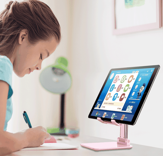 Black Adjustable Desktop Phone Stand with a pink finish, telescopic support arm and flat base holding a tablet
