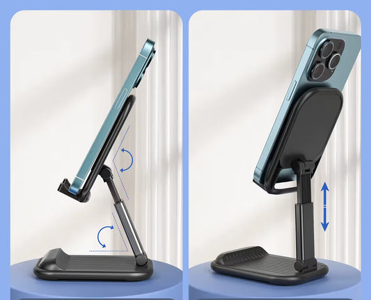 Black Adjustable Desktop Phone Stand in black plastic with ribbed base, telescopic arm and tilt-adjustable phone holder