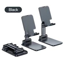 Black Adjustable Desktop Phone Stand with telescopic metal-reinforced arms, broad bases, and folded compact design