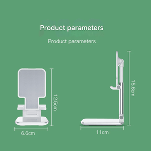 Black Adjustable Desktop Phone Stand with a white and silver folding frame, dotted gray cradle and measured dimensions