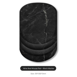 Black Ergonomic Mouse Pad with a rounded rectangular shape, black marble-patterned surface and raised integrated wrist rest.