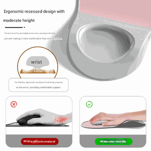 Black Ergonomic Mouse Pad with a soft gray surface, raised contoured wrist support and a deep concave groove.