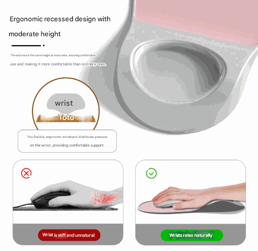 Black Ergonomic Mouse Pad with a soft gray surface, raised contoured wrist support and a deep concave groove.