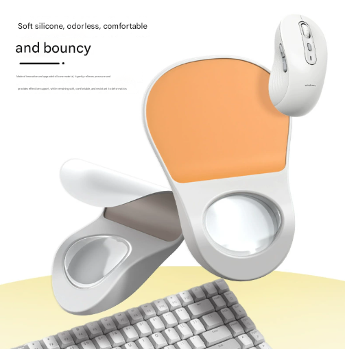 Black Ergonomic Mouse Pad with an orange smooth surface, gray silicone body, and distinctive circular wrist support groove