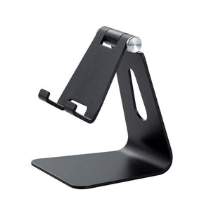 Phone and tablet stand in Black Foldable Aluminum Alloy, with an adjustable hinge, slotted support arm and raised device hooks.